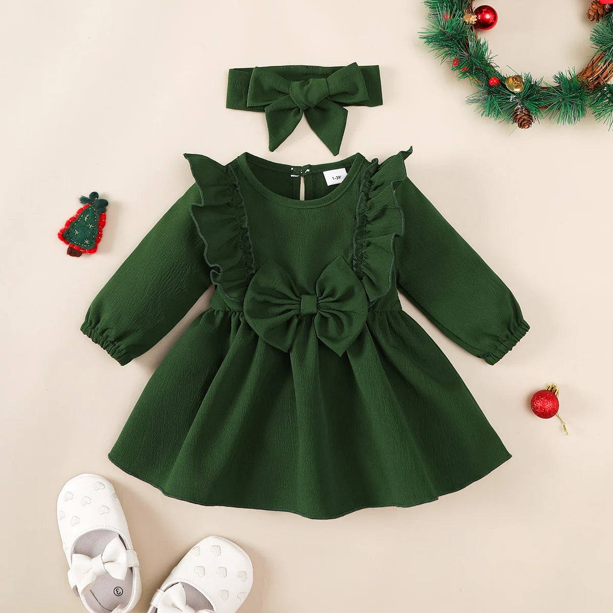 Baby Girl Autumn Dress Ruffled Edges and Bow, Long-Sleeved Dress+Headband for 0-18 Months Cute Baby Girl Holiday Party Costume