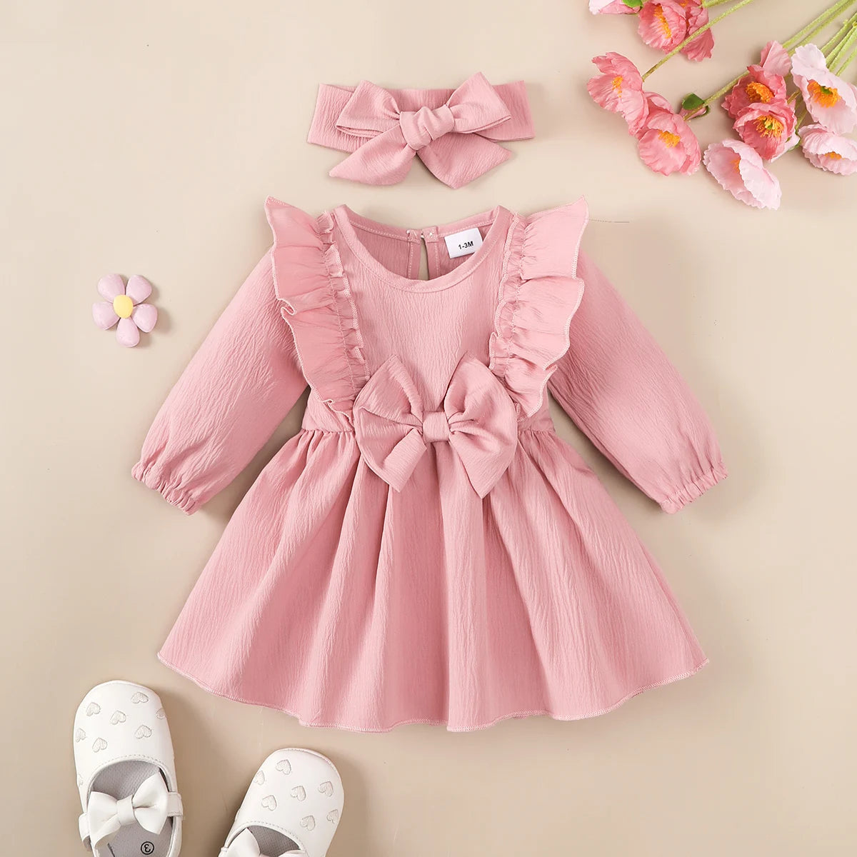 Baby Girl Autumn Dress Ruffled Edges and Bow, Long-Sleeved Dress+Headband for 0-18 Months Cute Baby Girl Holiday Party Costume